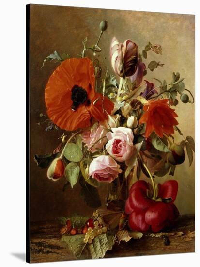 A Tulip, Roses, Poppies and other Flowers and a Beetle on a Ledge-Gronland Theude-Stretched Canvas