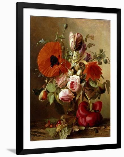 A Tulip, Roses, Poppies and other Flowers and a Beetle on a Ledge-Gronland Theude-Framed Giclee Print