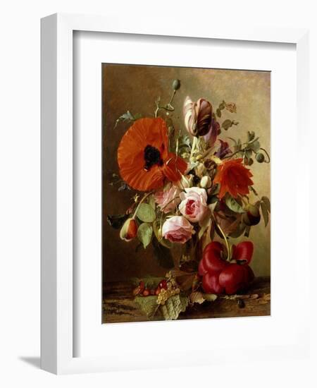 A Tulip, Roses, Poppies and other Flowers and a Beetle on a Ledge-Gronland Theude-Framed Giclee Print