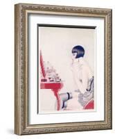 A Twenties Girl at Her Dressing Table Adds a Final Touch of Lipstick-null-Framed Art Print