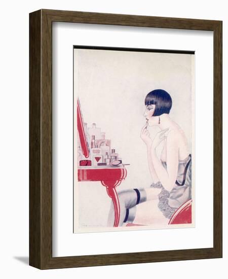 A Twenties Girl at Her Dressing Table Adds a Final Touch of Lipstick-null-Framed Art Print