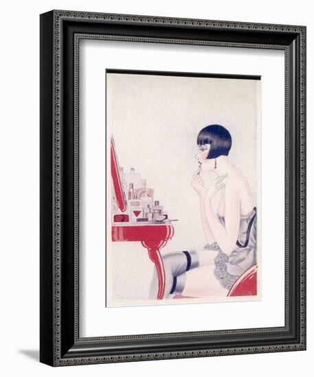 A Twenties Girl at Her Dressing Table Adds a Final Touch of Lipstick-null-Framed Art Print