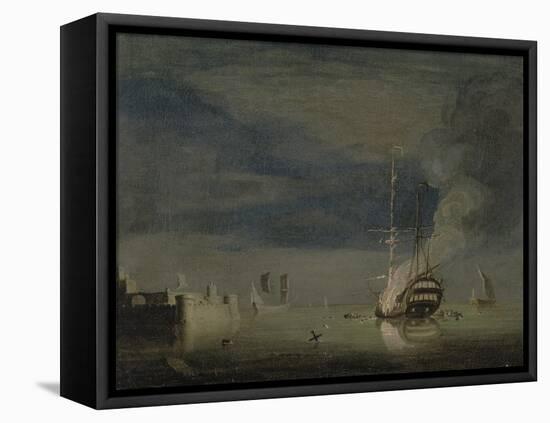 A Two-Decker on Fire at Night Off a Fort, C.1740-Charles Brooking-Framed Stretched Canvas