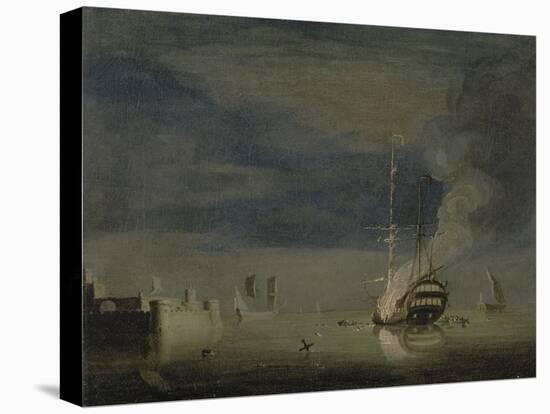 A Two-Decker on Fire at Night Off a Fort, C.1740-Charles Brooking-Stretched Canvas