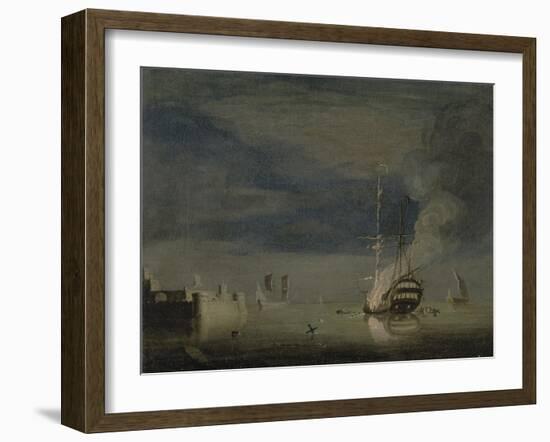 A Two-Decker on Fire at Night Off a Fort, C.1740-Charles Brooking-Framed Giclee Print