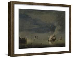 A Two-Decker on Fire at Night Off a Fort, C.1740-Charles Brooking-Framed Giclee Print