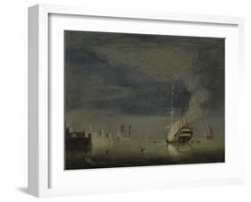 A Two-Decker on Fire at Night Off a Fort, C.1740-Charles Brooking-Framed Giclee Print