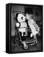A Two Year Old Girl Kisses a Stuffed Panda on the Nose, Ca. 1955-null-Framed Stretched Canvas