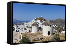 A Typical Greek Village Perched on a Rock with White and Blue Houses and Quaint Windmills, Ios-Roberto Moiola-Framed Stretched Canvas