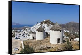 A Typical Greek Village Perched on a Rock with White and Blue Houses and Quaint Windmills, Ios-Roberto Moiola-Framed Stretched Canvas