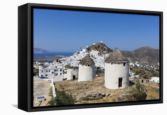 A Typical Greek Village Perched on a Rock with White and Blue Houses and Quaint Windmills, Ios-Roberto Moiola-Framed Stretched Canvas