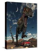A Tyrannosaurus Rex About to Crush a Cadillac with His Feet-Stocktrek Images-Stretched Canvas