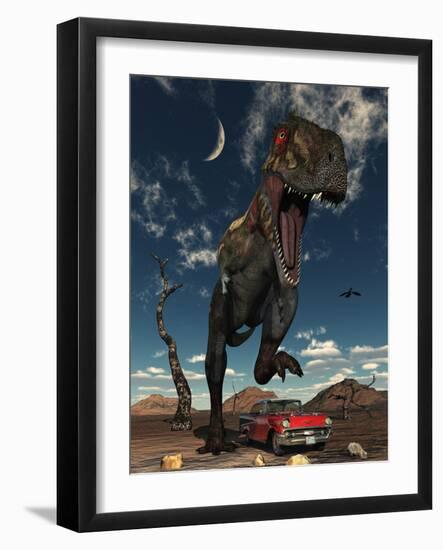 A Tyrannosaurus Rex About to Crush a Cadillac with His Feet-Stocktrek Images-Framed Photographic Print