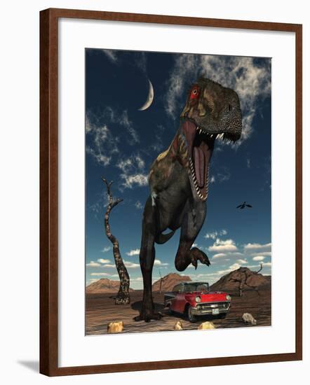 A Tyrannosaurus Rex About to Crush a Cadillac with His Feet-Stocktrek Images-Framed Photographic Print