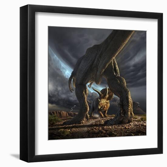 A Tyrannosaurus Rex and Triceratops in a Classic Face Off-null-Framed Art Print