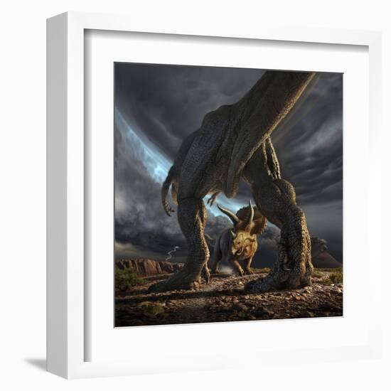 A Tyrannosaurus Rex and Triceratops in a Classic Face Off-null-Framed Art Print