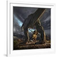 A Tyrannosaurus Rex and Triceratops in a Classic Face Off-null-Framed Art Print