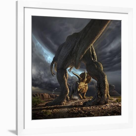 A Tyrannosaurus Rex and Triceratops in a Classic Face Off-null-Framed Art Print