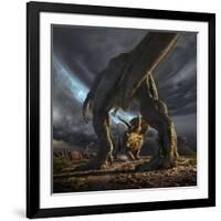 A Tyrannosaurus Rex and Triceratops in a Classic Face Off-null-Framed Art Print