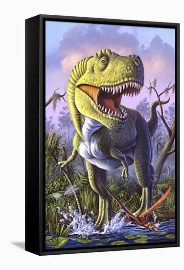 A Tyrannosaurus Rex Crashes Through a Swamp-null-Framed Stretched Canvas