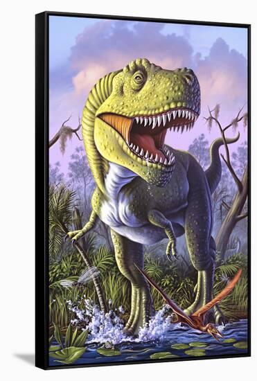 A Tyrannosaurus Rex Crashes Through a Swamp-null-Framed Stretched Canvas