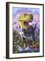 A Tyrannosaurus Rex Crashes Through a Swamp-null-Framed Art Print