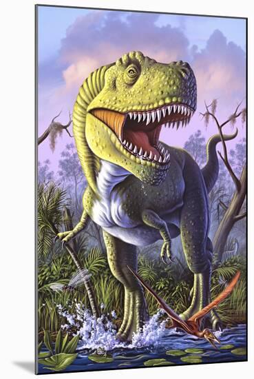 A Tyrannosaurus Rex Crashes Through a Swamp-null-Mounted Art Print