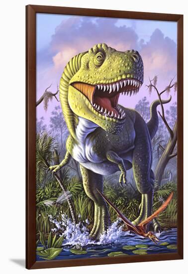 A Tyrannosaurus Rex Crashes Through a Swamp-null-Framed Art Print