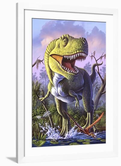 A Tyrannosaurus Rex Crashes Through a Swamp-null-Framed Art Print