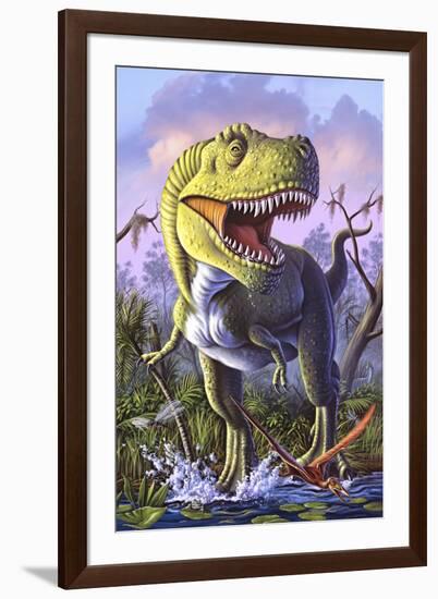 A Tyrannosaurus Rex Crashes Through a Swamp-null-Framed Art Print