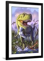 A Tyrannosaurus Rex Crashes Through a Swamp-null-Framed Art Print