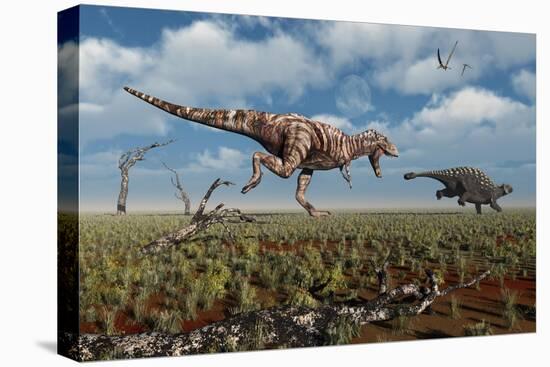 A Tyrannosaurus Rex Giving Chase to an Ankylosaurus-null-Stretched Canvas