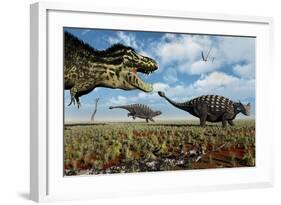 A Tyrannosaurus Rex Hunting Down a Pair of Ankylosaurus Dinosaurs-null-Framed Art Print