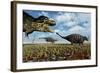 A Tyrannosaurus Rex Hunting Down a Pair of Ankylosaurus Dinosaurs-null-Framed Art Print