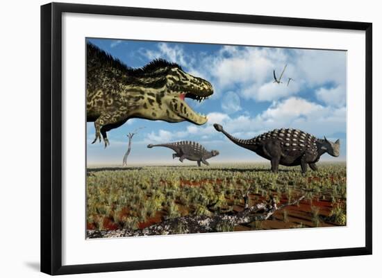 A Tyrannosaurus Rex Hunting Down a Pair of Ankylosaurus Dinosaurs-null-Framed Art Print