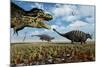 A Tyrannosaurus Rex Hunting Down a Pair of Ankylosaurus Dinosaurs-null-Mounted Art Print