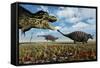 A Tyrannosaurus Rex Hunting Down a Pair of Ankylosaurus Dinosaurs-null-Framed Stretched Canvas