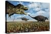 A Tyrannosaurus Rex Hunting Down a Pair of Ankylosaurus Dinosaurs-null-Stretched Canvas