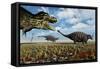 A Tyrannosaurus Rex Hunting Down a Pair of Ankylosaurus Dinosaurs-null-Framed Stretched Canvas