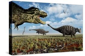 A Tyrannosaurus Rex Hunting Down a Pair of Ankylosaurus Dinosaurs-null-Stretched Canvas