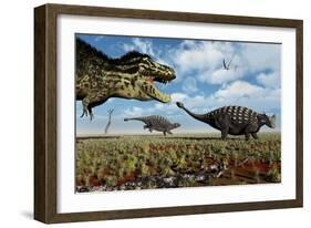 A Tyrannosaurus Rex Hunting Down a Pair of Ankylosaurus Dinosaurs-null-Framed Art Print