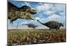 A Tyrannosaurus Rex Hunting Down a Pair of Ankylosaurus Dinosaurs-null-Mounted Art Print