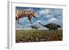 A Tyrannosaurus Rex Hunting Down a Pair of Ankylosaurus Dinosaurs-null-Framed Art Print