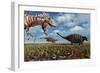 A Tyrannosaurus Rex Hunting Down a Pair of Ankylosaurus Dinosaurs-null-Framed Art Print