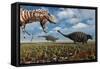 A Tyrannosaurus Rex Hunting Down a Pair of Ankylosaurus Dinosaurs-null-Framed Stretched Canvas