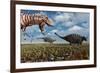 A Tyrannosaurus Rex Hunting Down a Pair of Ankylosaurus Dinosaurs-null-Framed Art Print