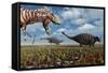 A Tyrannosaurus Rex Hunting Down a Pair of Ankylosaurus Dinosaurs-null-Framed Stretched Canvas