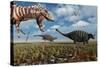 A Tyrannosaurus Rex Hunting Down a Pair of Ankylosaurus Dinosaurs-null-Stretched Canvas