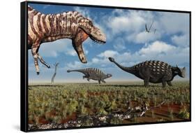 A Tyrannosaurus Rex Hunting Down a Pair of Ankylosaurus Dinosaurs-null-Framed Stretched Canvas