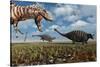 A Tyrannosaurus Rex Hunting Down a Pair of Ankylosaurus Dinosaurs-null-Stretched Canvas